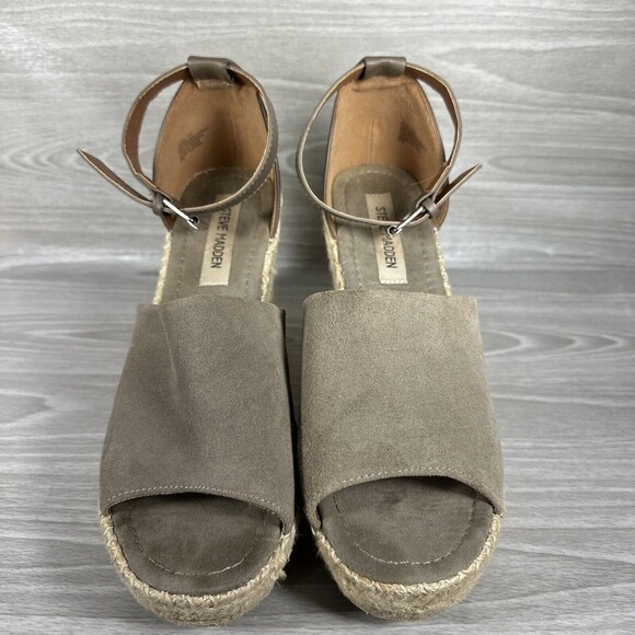 Steve Madden JYIA Espadrille Wedge‎ Sandals Size 10 Brown Suede Leather Peep Toe - Picture 3 of 11